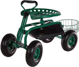 Sunnydaze Garden Cart Rolling Scooter with Extendable Steer Handle?? Swivel Seat and Utility Tool Tray?? Green