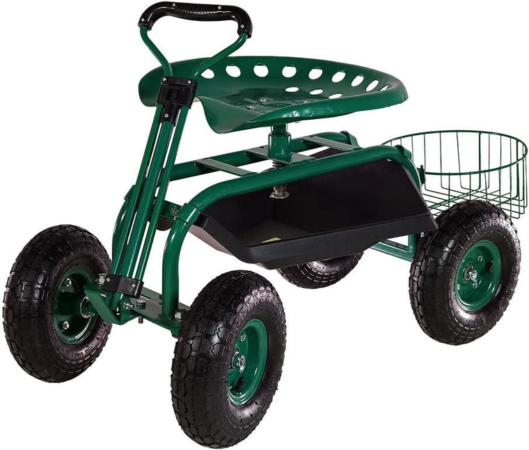 Sunnydaze Garden Cart Rolling Scooter with Extendable Steer Handle?? Swivel Seat and Utility Tool Tray?? Green