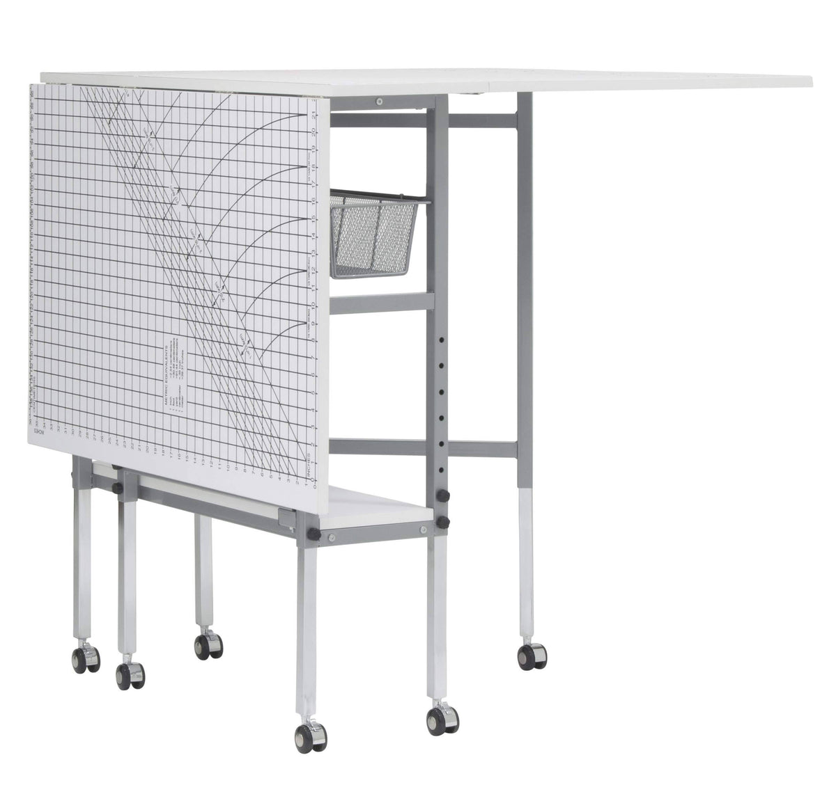 Sew Ready Mobile Folding Height Adjustable Quilting Fabric Cutting Table with Sewing Board Grid and Storage in Silver/White Top
