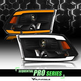 Alpha Owls 8710401 Crystal Headlights With Switchback Sequential LED Light Bar & Startup Light – Black Amber Fits 2009-2018 Dodge Ram 1500 2500 3500/2019-2023 Classic Halogen Models