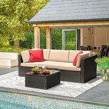Devoko Patio Furniture Sets 6 Pieces Outdoor Sectional Rattan Sofa Manual Weaving Wicker Patio Conversation Set with Glass Table and Cushion (Beige)
