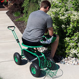 Sunnydaze Garden Cart Rolling Scooter with Extendable Steer Handle?? Swivel Seat and Utility Tool Tray?? Green