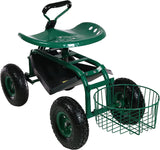Sunnydaze Garden Cart Rolling Scooter with Extendable Steer Handle?? Swivel Seat and Utility Tool Tray?? Green