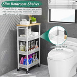 Utility Slim Storage Cart, 4 Tier Small Rolling Kitchen Laundry Room Cart with Wood Top, Metal Narrow Bathroom Storage Cabinet Mobile Shelf Unit Organizer Trolley with Handle for Narrow Space