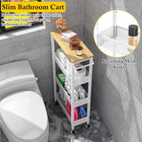Utility Slim Storage Cart, 4 Tier Small Rolling Kitchen Laundry Room Cart with Wood Top, Metal Narrow Bathroom Storage Cabinet Mobile Shelf Unit Organizer Trolley with Handle for Narrow Space