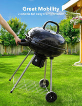 Charcoal BBQ Grill 22-Inch, Kettle Charcoal Grill with Lid Thermometer, Integrated Wheels, Plated Steel Grates, Slid Out Ash Catcher, Integrated Wheels, for Outdoor Cooking, Picnic, Patio, Backyard