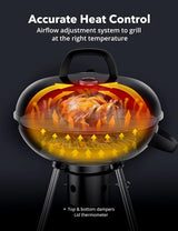 Charcoal BBQ Grill 22-Inch, Kettle Charcoal Grill with Lid Thermometer, Integrated Wheels, Plated Steel Grates, Slid Out Ash Catcher, Integrated Wheels, for Outdoor Cooking, Picnic, Patio, Backyard