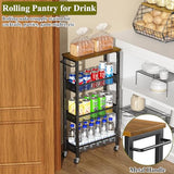 Utility Slim Storage Cart, 4 Tier Small Rolling Kitchen Laundry Room Cart with Wood Top, Metal Narrow Bathroom Storage Cabinet Mobile Shelf Unit Organizer Trolley with Handle for Narrow Space