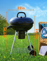 Charcoal BBQ Grill 22-Inch, Kettle Charcoal Grill with Lid Thermometer, Integrated Wheels, Plated Steel Grates, Slid Out Ash Catcher, Integrated Wheels, for Outdoor Cooking, Picnic, Patio, Backyard