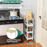 Utility Slim Storage Cart, 4 Tier Small Rolling Kitchen Laundry Room Cart with Wood Top, Metal Narrow Bathroom Storage Cabinet Mobile Shelf Unit Organizer Trolley with Handle for Narrow Space