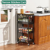 Utility Slim Storage Cart, 4 Tier Small Rolling Kitchen Laundry Room Cart with Wood Top, Metal Narrow Bathroom Storage Cabinet Mobile Shelf Unit Organizer Trolley with Handle for Narrow Space