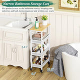 Utility Slim Storage Cart, 4 Tier Small Rolling Kitchen Laundry Room Cart with Wood Top, Metal Narrow Bathroom Storage Cabinet Mobile Shelf Unit Organizer Trolley with Handle for Narrow Space