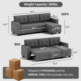 Sleeper Sofa Pull Out Couch with Storage Chaise Lounge Convertible Sectional Sofa L-Shape Modern Fabric Sofa Bed for Living Room, Apartment, Small Spaces, Dark Gray