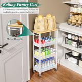 Utility Slim Storage Cart, 4 Tier Small Rolling Kitchen Laundry Room Cart with Wood Top, Metal Narrow Bathroom Storage Cabinet Mobile Shelf Unit Organizer Trolley with Handle for Narrow Space