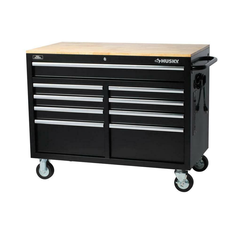 Husky 46 in. W x 24.5 in. D 9-Drawer Mobile Workbench with Solid Wood Top in