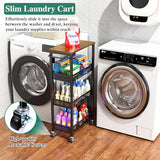 Utility Slim Storage Cart, 4 Tier Small Rolling Kitchen Laundry Room Cart with Wood Top, Metal Narrow Bathroom Storage Cabinet Mobile Shelf Unit Organizer Trolley with Handle for Narrow Space