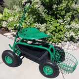 Sunnydaze Garden Cart Rolling Scooter with Extendable Steer Handle?? Swivel Seat and Utility Tool Tray?? Green