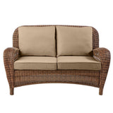 Hampton Bay Beacon Park Brown Wicker Outdoor Patio Loveseat with Standard Toffee Tan Cushions