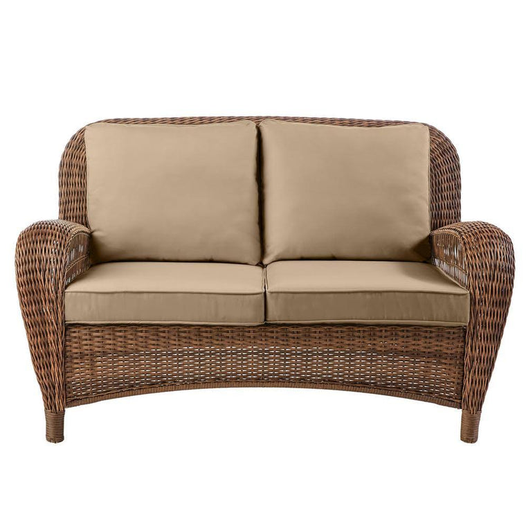 Hampton Bay Beacon Park Brown Wicker Outdoor Patio Loveseat with Standard Toffee Tan Cushions