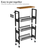 Utility Slim Storage Cart, 4 Tier Small Rolling Kitchen Laundry Room Cart with Wood Top, Metal Narrow Bathroom Storage Cabinet Mobile Shelf Unit Organizer Trolley with Handle for Narrow Space