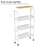 Utility Slim Storage Cart, 4 Tier Small Rolling Kitchen Laundry Room Cart with Wood Top, Metal Narrow Bathroom Storage Cabinet Mobile Shelf Unit Organizer Trolley with Handle for Narrow Space