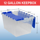 Akro-Mils KeepBox 12 Gallon Storage Container, Nesting and Stackable Plastic Storage Box with Lid Attached, Clear Tote for Garages, Closets, and Moving, 21-1/2 x 15 x 12-1/2, Clear/Blue, 6-Pack