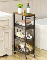 Utility Slim Storage Cart, 4 Tier Small Rolling Kitchen Laundry Room Cart with Wood Top, Metal Narrow Bathroom Storage Cabinet Mobile Shelf Unit Organizer Trolley with Handle for Narrow Space