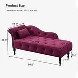 TJUNBOLIFE Velvet Chaise Lounge Indoor 60u201D Tufted Upholstered Lounge Chair with Pillow & Rolled Arm Nailhead Trim for Bedroom Living Room Office Grey