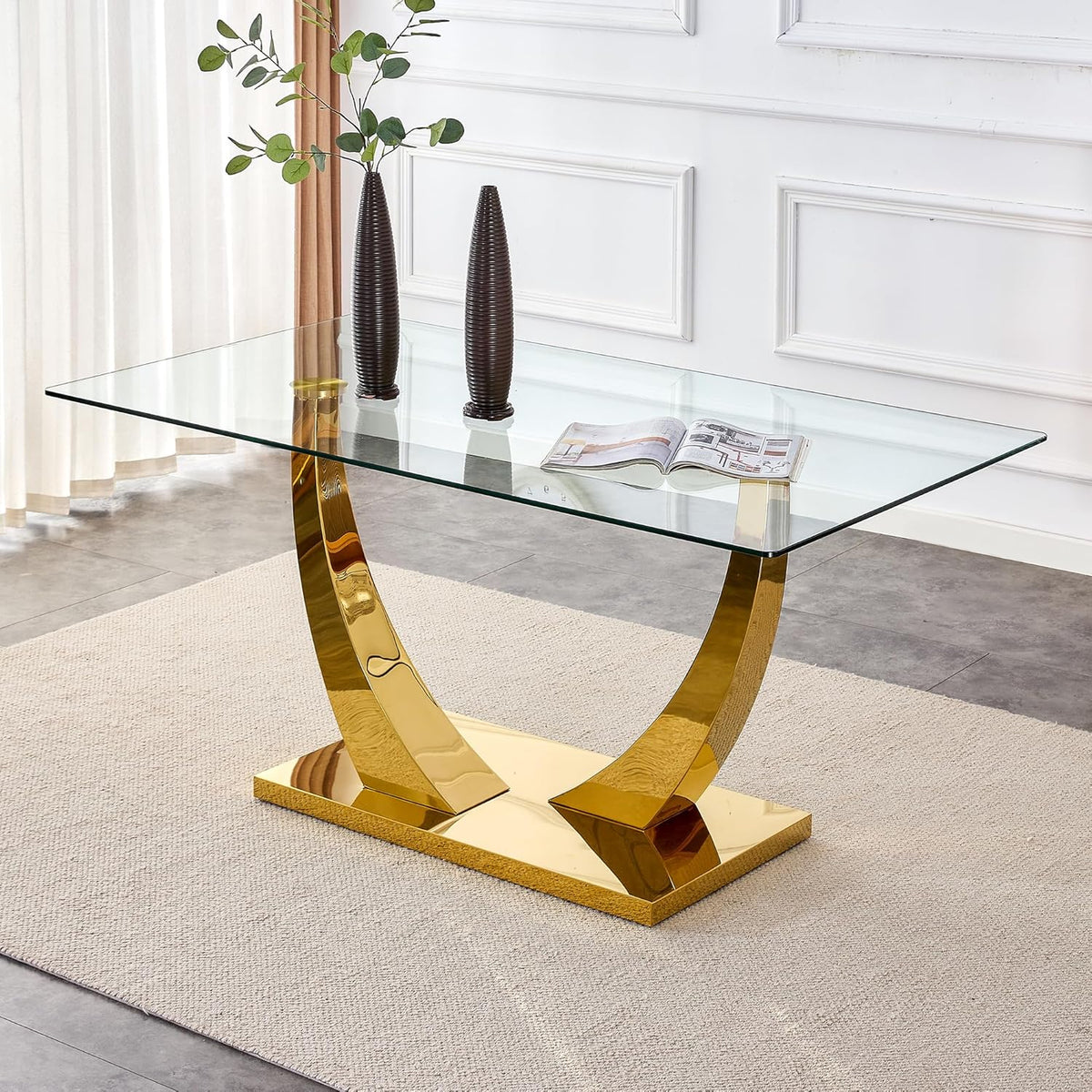 HomVent Contemporary Glass Top Rectangular Kitchen Dining Table, 0.39 Clear Tempered Glass Top Kitchen Table with Stainless Steel Base, Home Office Kitchen Dining Room Table Furniture(C, Gold Base)