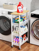 Utility Slim Storage Cart, 4 Tier Small Rolling Kitchen Laundry Room Cart with Wood Top, Metal Narrow Bathroom Storage Cabinet Mobile Shelf Unit Organizer Trolley with Handle for Narrow Space